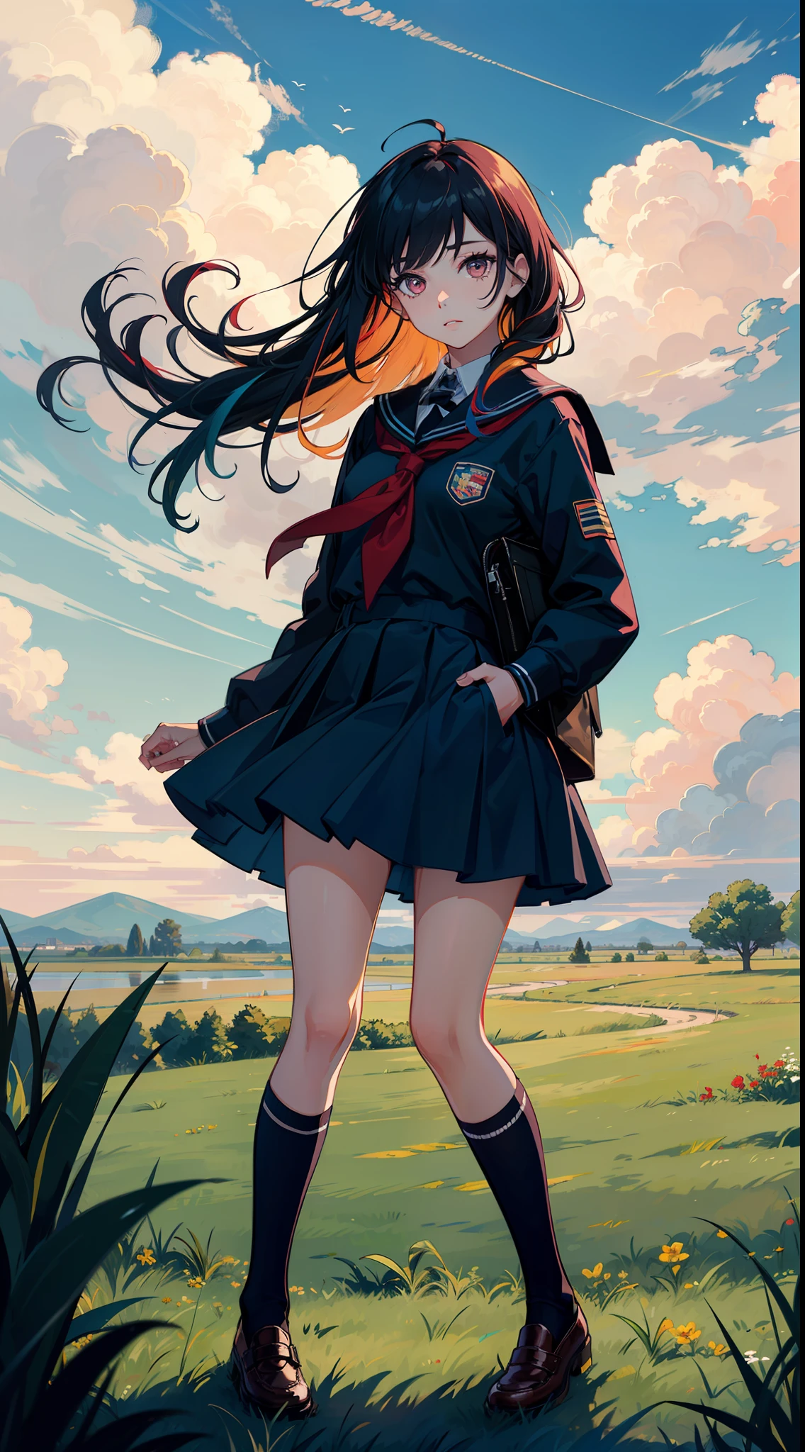 1girl,multicolored hair, floating hair,multicolored eyes,school uniform, cloudy sky, full body, grass,looking at viewer, wariza,front,eyelashes