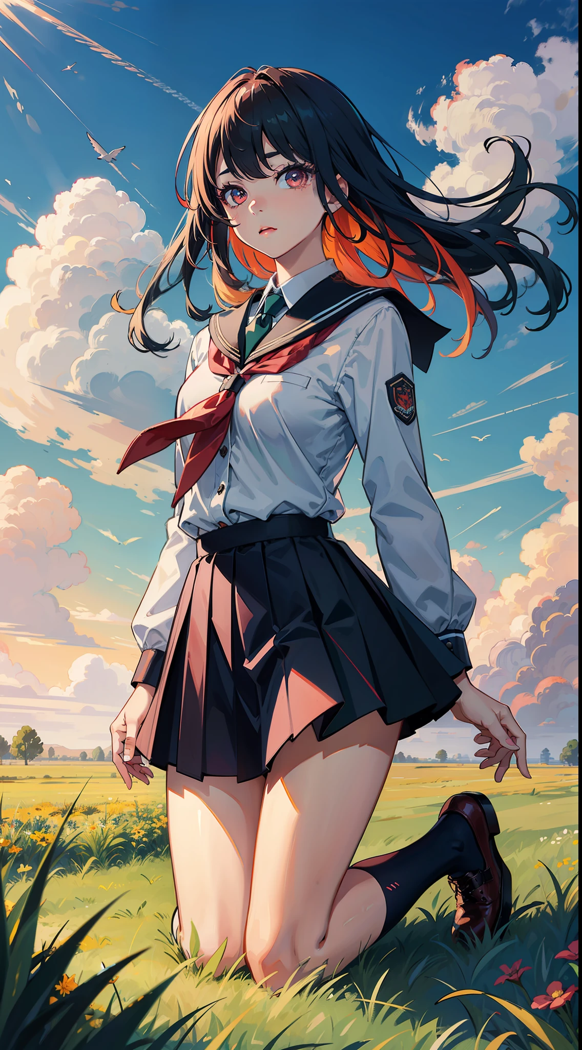 1girl,multicolored hair, floating hair,multicolored eyes,school uniform, cloudy sky, full body, grass,looking at viewer, wariza,front,eyelashes