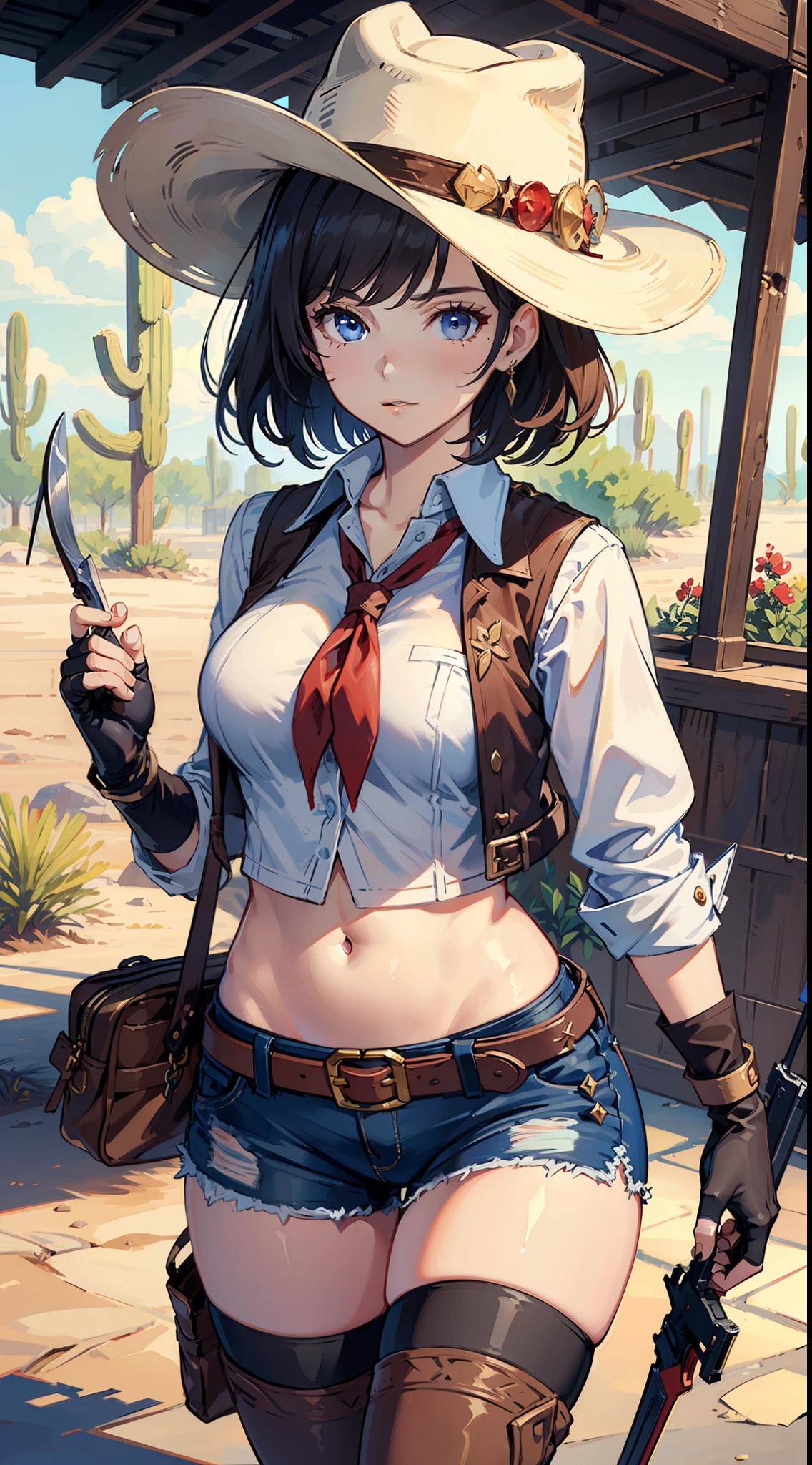 (((((Allein))))),(((((Meisterwerk))))), (((((beste Qualität))))),(((((sehr detailliert))))),fein detailliert,Tiefenschärfe,detaillierte Kleidung, ((Cygames)), highres,
1 Mädchen, bangs, (schönes detailliertes Gesicht:1.3), Schlüsselbein, braune Weste ,Kragenhemd, blaue Augen, goldenes Haar, Dekollete, ((Cowboy)), (Cowboy hat:1.3), fingerless Handschuhe, Handschuhe, Haaraufnahmen, hat, mittlere Brüste, Nabel, neckerchief, red neckerchief, Revolver, Kurzes Haar, short kurze Hose, kurze Hose, thick Schenkel, Schenkel, Waffe, mehrere Gürtel ,Cowboy western, ((Wüste))