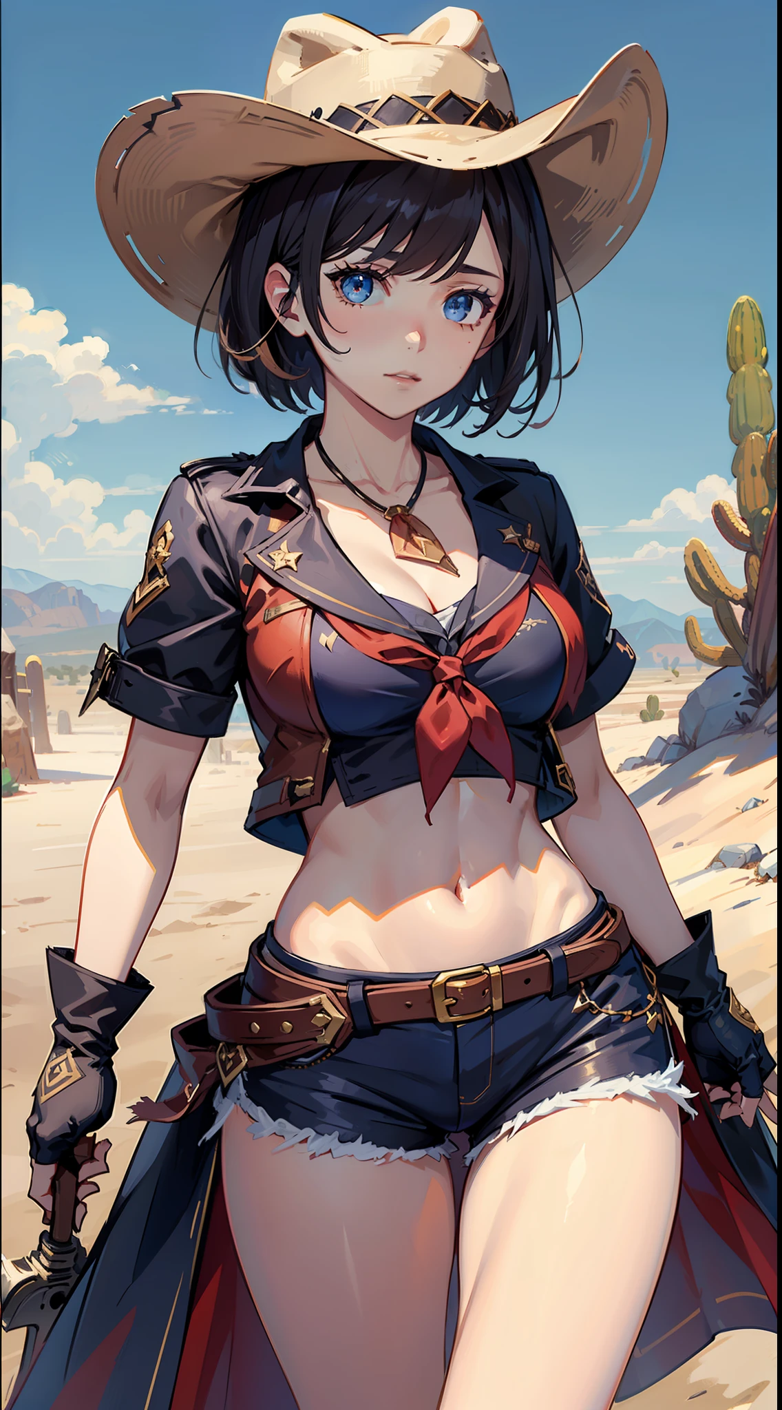 (((((solo))))),(((((masterpiece))))), (((((best quality))))),(((((highly detailed))))),finely detail,Depth of field,detailed clothes, ((cygames)), highres,
1girl, bangs, (beautiful detailed face:1.3), collarbone, brown vest ,collared shirt, blue eyes, golden hair, cleavage, ((cowboy)), (cowboy hat:1.3), fingerless gloves, gloves, hair intakes, hat, medium breasts, navel, neckerchief, red neckerchief, revolver, short hair, short shorts, shorts, thick thighs, thighs, weapon, multiple belts ,cowboy western, ((desert))