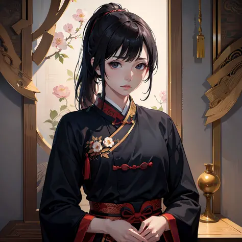 (photorealistic:1.3),masterpiece,best quality,highres,
(1girl),young,medium shot,black hair,bangs,ponytail,shiny hair,black eyes,(black ancient chinese traditional clothes),shiny skin,pale face,
ancient chinese background,