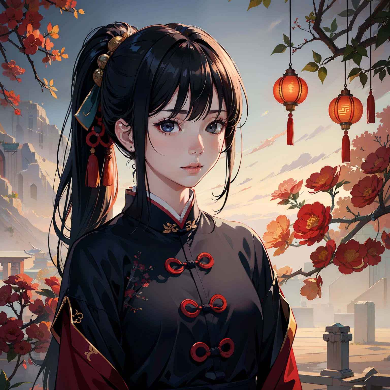 (photorealistic:1.3),masterpiece,best quality,highres,
(1girl),young,medium shot,black hair,bangs,ponytail,shiny hair,black eyes,(black ancient chinese traditional clothes),shiny skin,pale face,
ancient chinese background,