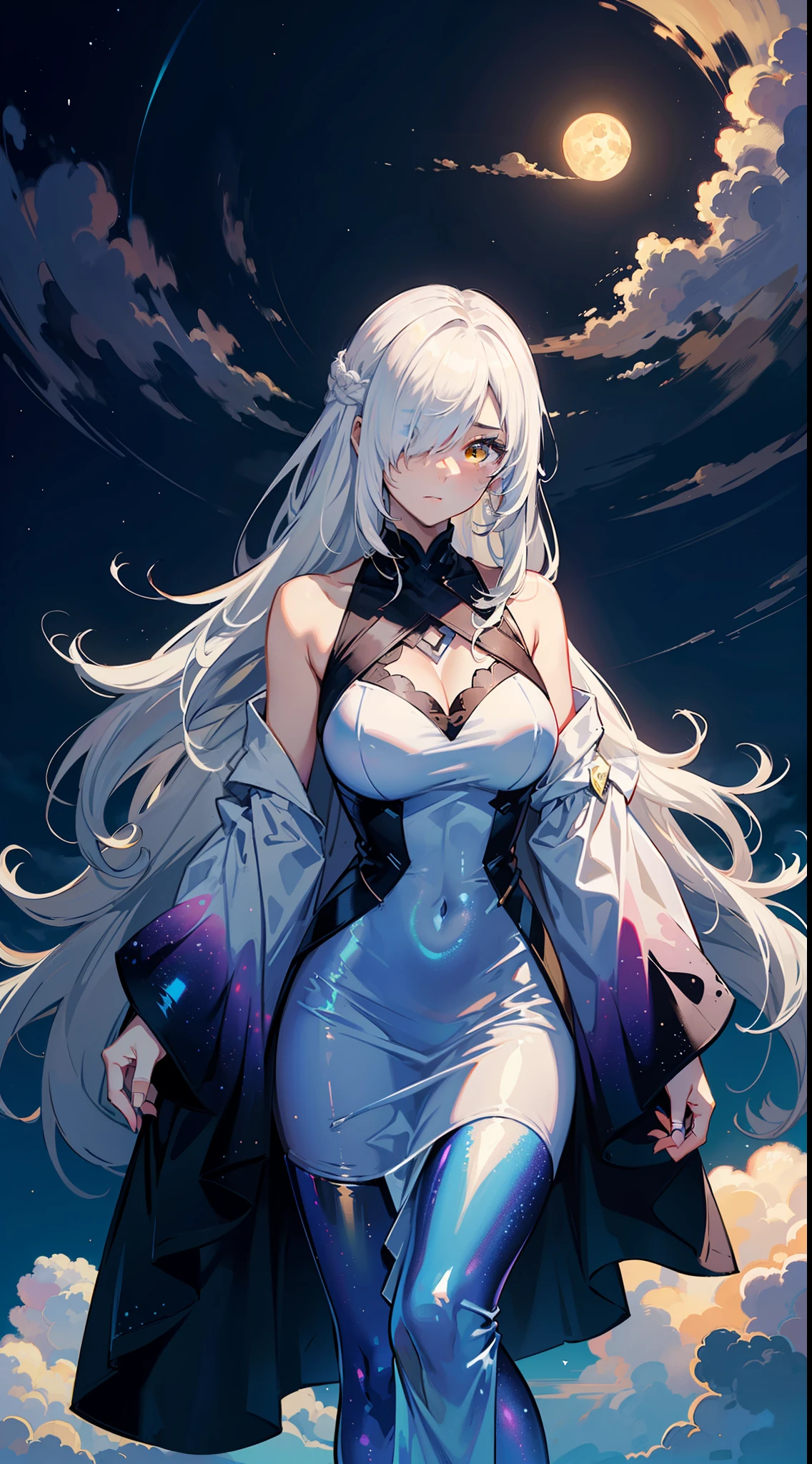 1girl, (detailed yellow eyes:1.2), (white hair:1.35), (long hair:1.2), (hair over one eye:1.2),
she wear (White long holographic dress), 
(Expressionless:1.3),
(night:1.2), above clouds, night sky, (surrounded by clouds:1.3), gradient background, the aurora surrounds the huge moon,