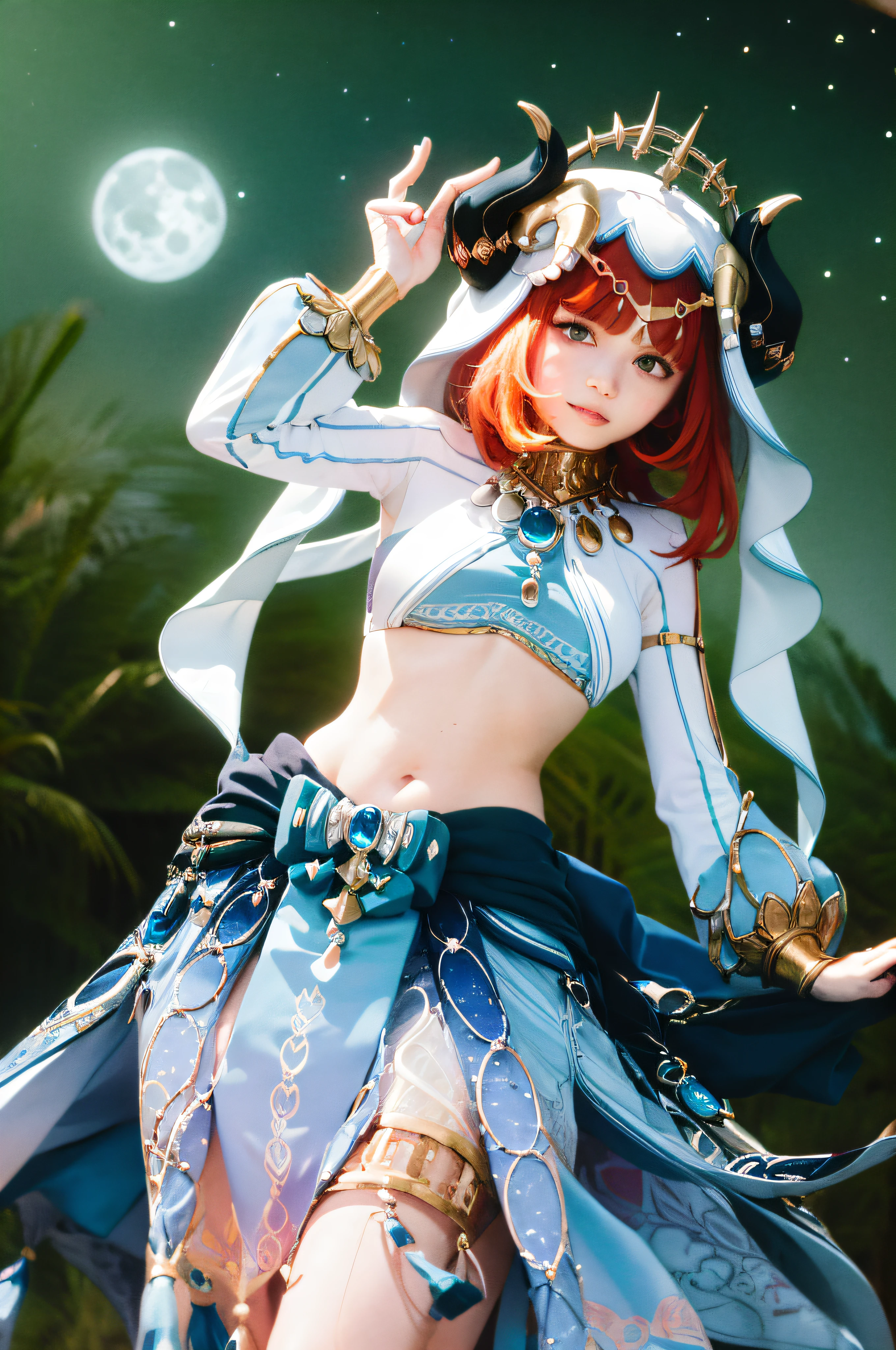 (Realistic painting style:1.1), masterpiece, best quality, absurdres, nilou (neither flower nor mist) (genshin impact), aqua eyes, nilou (genshin impact), fake horns, 1girl, solo, red hair, veil, smile, moon, long hair, crop top, jewelry, horns, night, bracer, brooch, long sleeves, puffy long sleeves, looking at viewer, skirt, bangs, twintails, water, puffy sleeves, sky, neck ring, open mouth, :d, full moon, night sky, flower, harem outfit, gold trim, parted bangs, arm up, breasts, circlet, outdoors, blue skirt, hair ornament, detached sleeves, low twintails, floating hair, gem, hair flower, blue gemstone, hand up, dancer, white headwear, small breasts, stomach, midriff, cowboy shot, blue bow, very long hair