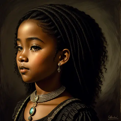 (A detailed drawing of a black child, retrato :1) , detalhado, Historical illustration, gotic, magica, hiperrealista, 8k, europa...