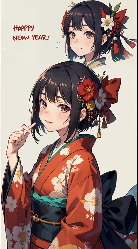 (masterpiece best quality:1.4),Yui,anime,1girl, solo, japanese clothes, kimono, white background, sash, looking at viewer, simple background, upper body, hair ornament, brown eyes, obi, floral print, black hair, closed mouth, red kimono, short hair, bangs,...