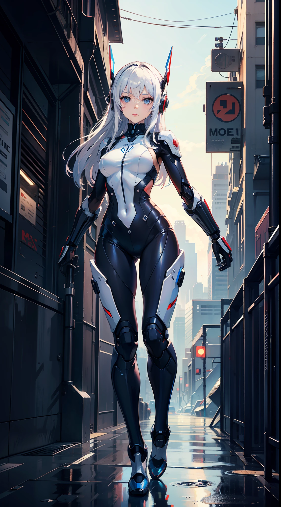 (masterpiece:1.2, best quality),(Detailed eye description:1.0),masterpiece,1girl,solo,full body,towards viewer,very long white hair,blue eyes,medium breasts,mecha musume,mechanical arms, headgear,bodysuit,skin suit,cyberpunk city,white day,