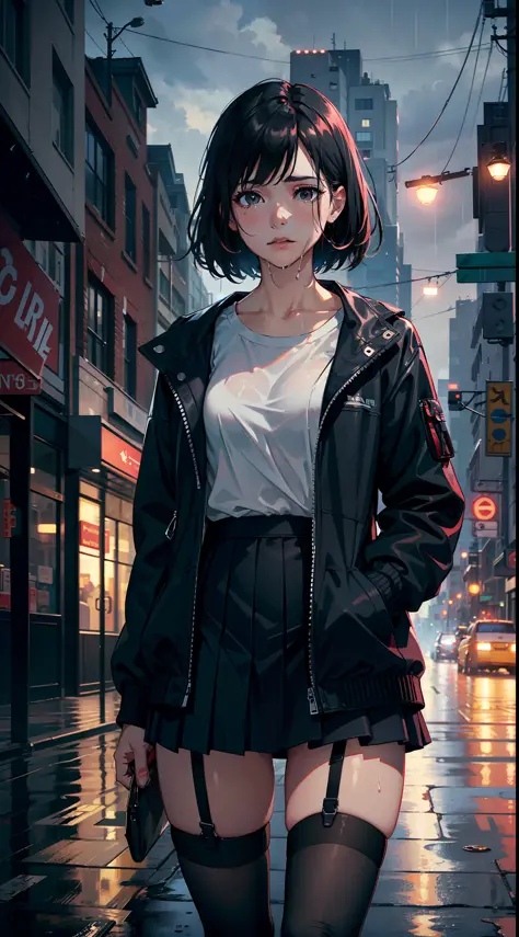 8K, masterpiece, best quality, ultra-detailed, photorealistic, realistic, extremely detailed face, film lighting, cinematic lighting, ray tracing, illustration, disheveled hair,
On a cloudy street, foggy and heavy rain, a girl with black hair and black eye...