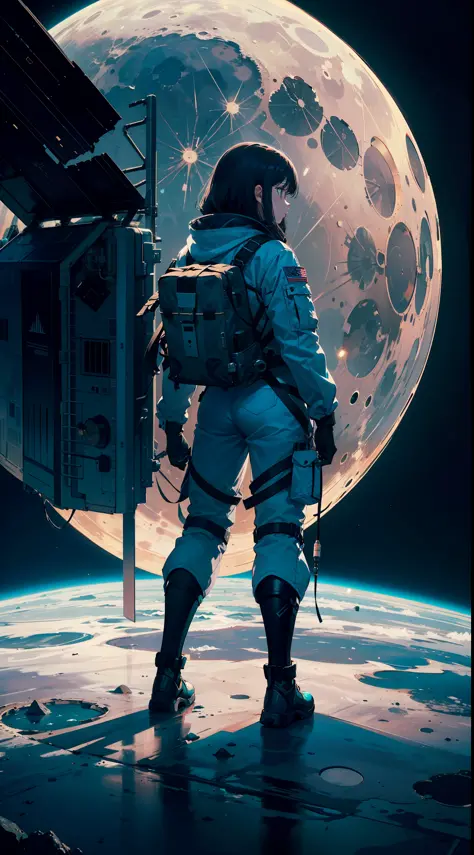 masterpiece,best quality,depth of field,full body,1girl,solo,(very wide shot:1.6),(from behind:1.2),spacesuit,cargo pants
,moon,...