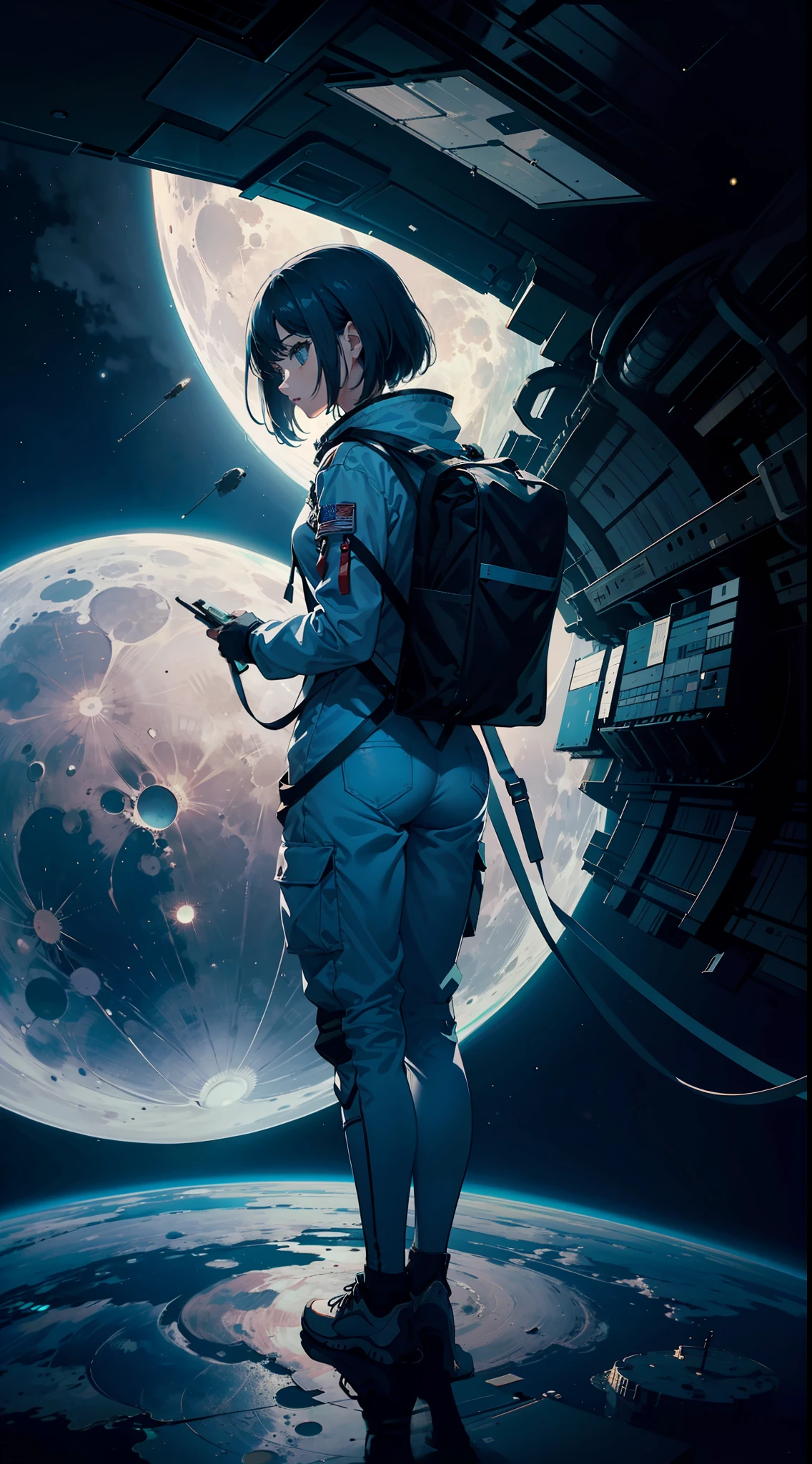 masterpiece,best quality,depth of field,full body,1girl,solo,(very wide shot:1.6),(from behind:1.2),spacesuit,cargo pants
,moon,earth,satellite,reflection,futuristic sci-fi style, fantasy style,

(1girl) was wearing a spacesuit, standing on the (moon), feeling the low gravity and (silence). In front of her was a (gray-white soil) and (craters), behind her was a huge black (satellite). She turned around and saw the distant (earth), that blue-green (planet), sparkling with clouds and light. She wondered if people on earth could see her, if they knew she was here. She felt both lonely and free, both insignificant and great.