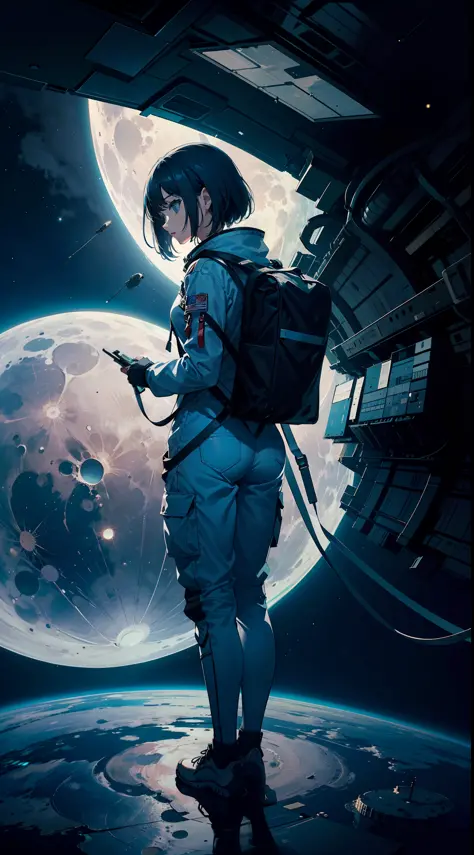 masterpiece,best quality,depth of field,full body,1girl,solo,(very wide shot:1.6),(from behind:1.2),spacesuit,cargo pants
,moon,...