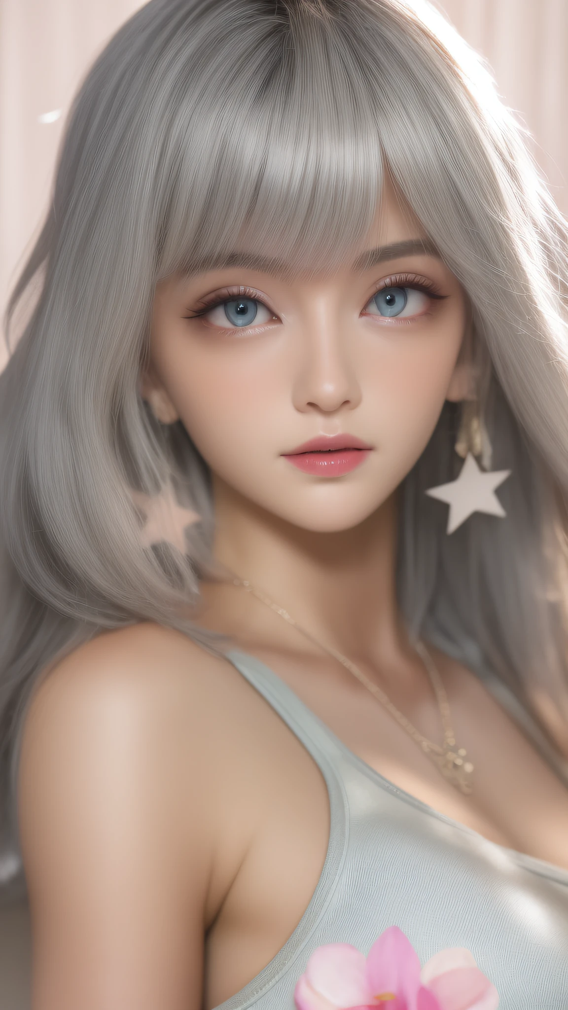 masterpiece,best quality,highly detailed,cinematic lighting,ray tracing,available light,film composition, blunt bangs,extremely detailed eyes and face,prefect face,shiny skin,big eyes,Look at the audience,beautifly, very long hair, UHD,8k,light grey hair, (game cg),pink eyeshadow, crew neck, scoop neck, corset,slimification, oval face,collarbone, star necklace,pink flower,skinnyjeans,1girl with gigantic breasts, underboob, bare shoulders,  long hair, bangs, straight hair, shiny skin, tank top, full body,