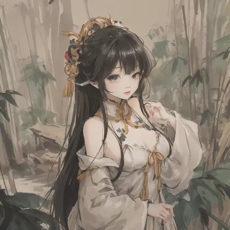 In a dense bamboo forest，Standing was a long bright black hair，A gentle breeze，Chinese vintage white long dress，Beautiful and cute，teens girl，water ink，Look at you with big eyes，A hand caresses a bamboo leaf, 8K wallpaper, Highly detailed, 18-year-old girl...