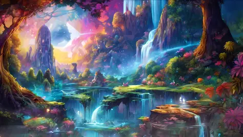 Draw waterfalls with waterfalls and waterfalls in the forest, detailed dreamscape, magical scenery, psychedelic landscape, magic...