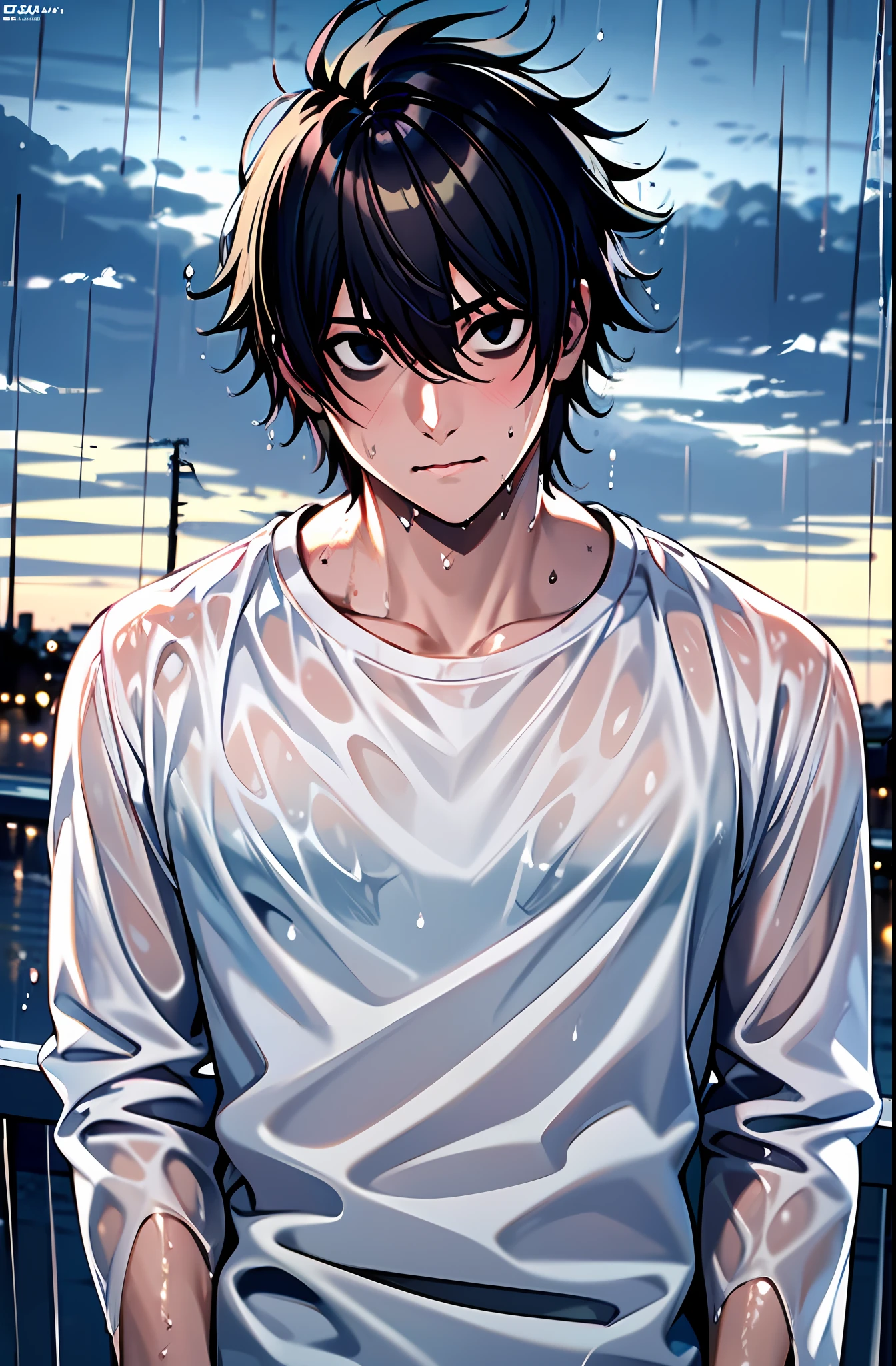 (masterpiece,best quality, detailed), 1boy, male focus,  outdoors, upper body, rain, cloudy sky, cityscape,
l lawliet, white shirt, wet shirt, wet clothes, wet, wet hair, jeans, wide-eyed, long sleeves, serious, closed mouth