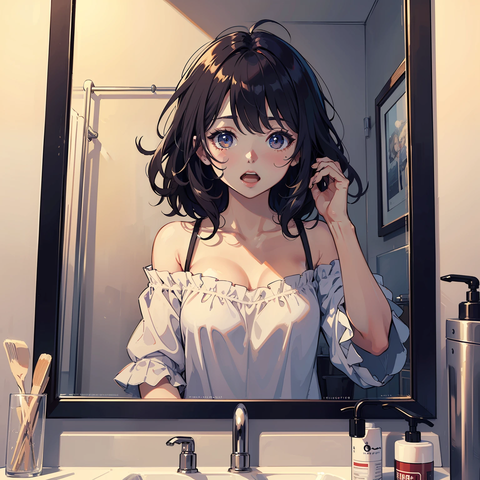 masterpiece,best quality,dream, highly detailed illustration, cute,1 girl, close-up, sharp tooth,open mouth, bold outline, hand,messy hair, in the bathroom,mirror, messy hair,off-shoulder,