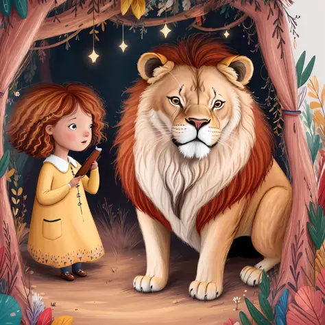 create a captivating illustration of the lion sharing engaging with the little girl in the story in a magical encounter. the lio...