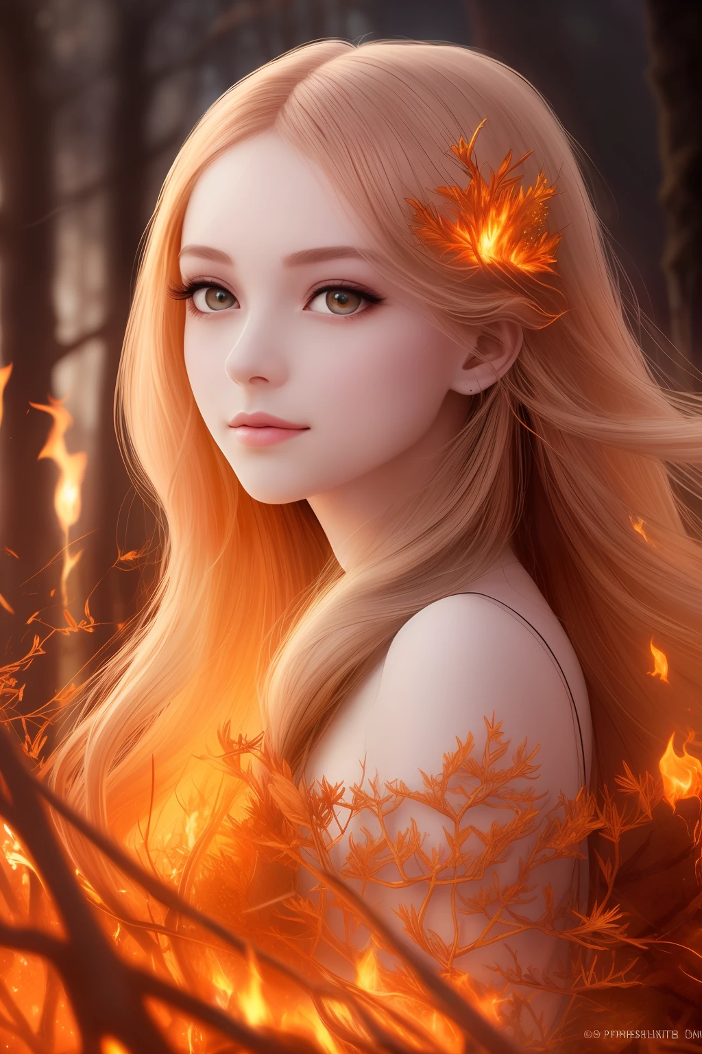 masterpiece, best quality, hair is turning into fire, hair is on fire, Fantasy, (light rayer:1.05), orange light particles, scenery, fire, Beautiful and detailed explosion, beautiful detailed glow, Flames burning around, Flames burning around, Fire feathers, burning, (burning forest:1.34), (bare trees:1.05), ashes, (red sun:1.05), (flame swirling around the character:1.1), solo, crazy_smile, (detailed:1.05), high resolution illustration, lustrous skin, colorful, (ultra-detailed:1.1), (illustration:1.05), (detailed light:1.05), (an extremely delicate and beautiful:1.1), beautiful detailed girl, depth of field, white_long_hair, orange_eyes, eyelashs, dark eyelashes, eyeliner, soft glowing eyes,