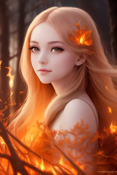 masterpiece, best quality, hair is turning into fire, hair is on fire, Fantasy, (light rayer:1.05), orange light particles, scen...