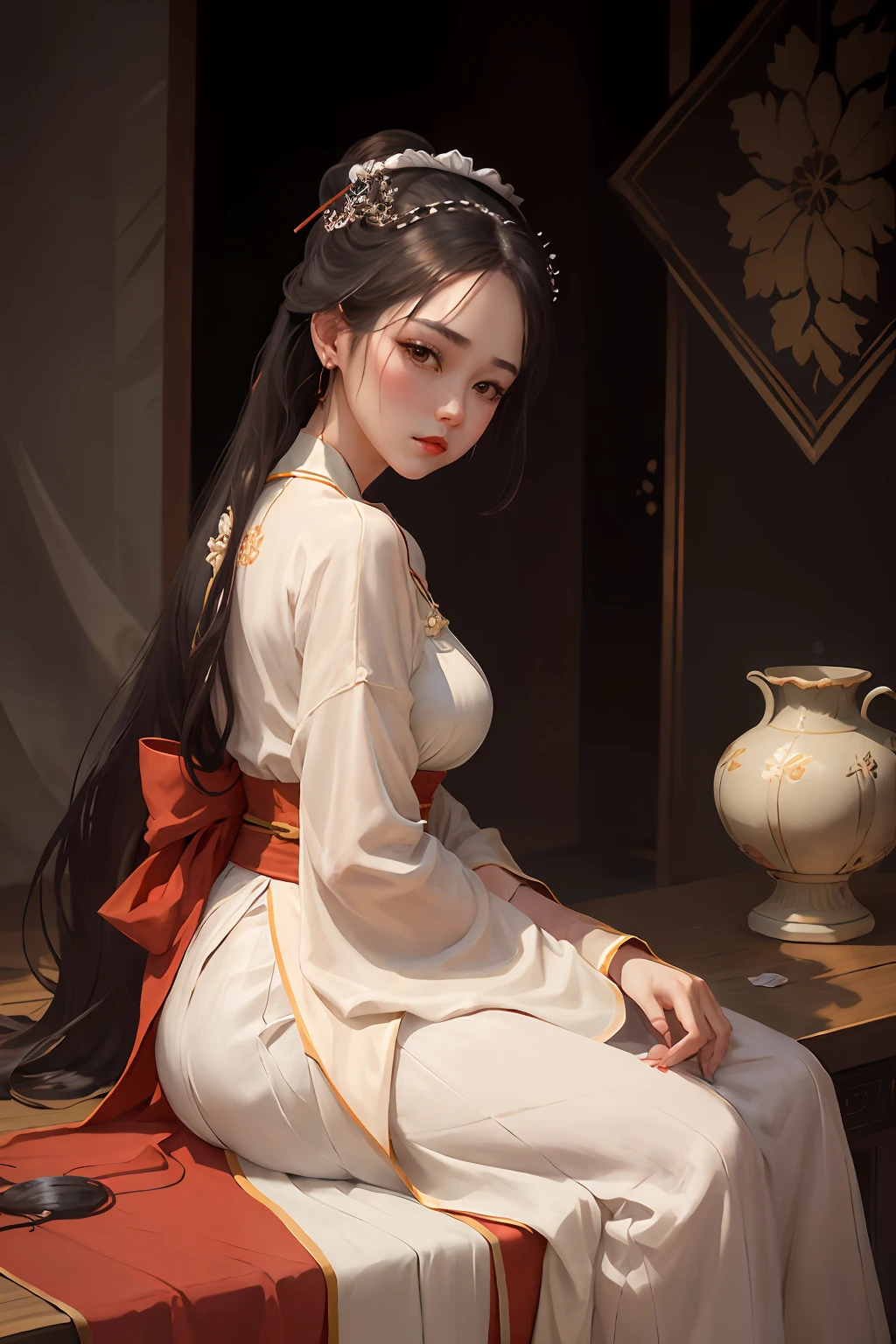 Há uma mulher sentada em uma mesa com um vaso, Pele branca, olhos melancólicos, um palácio, a girl in hanfu, bela pintura de figura, white hanfu, hanfu, acessórios de cabelo, , olhando para o espectador, lábios vermelhos, saia, acessórios de cabelo, colares, jóias, cabelo longo, brincos, boca fechada, extravagância