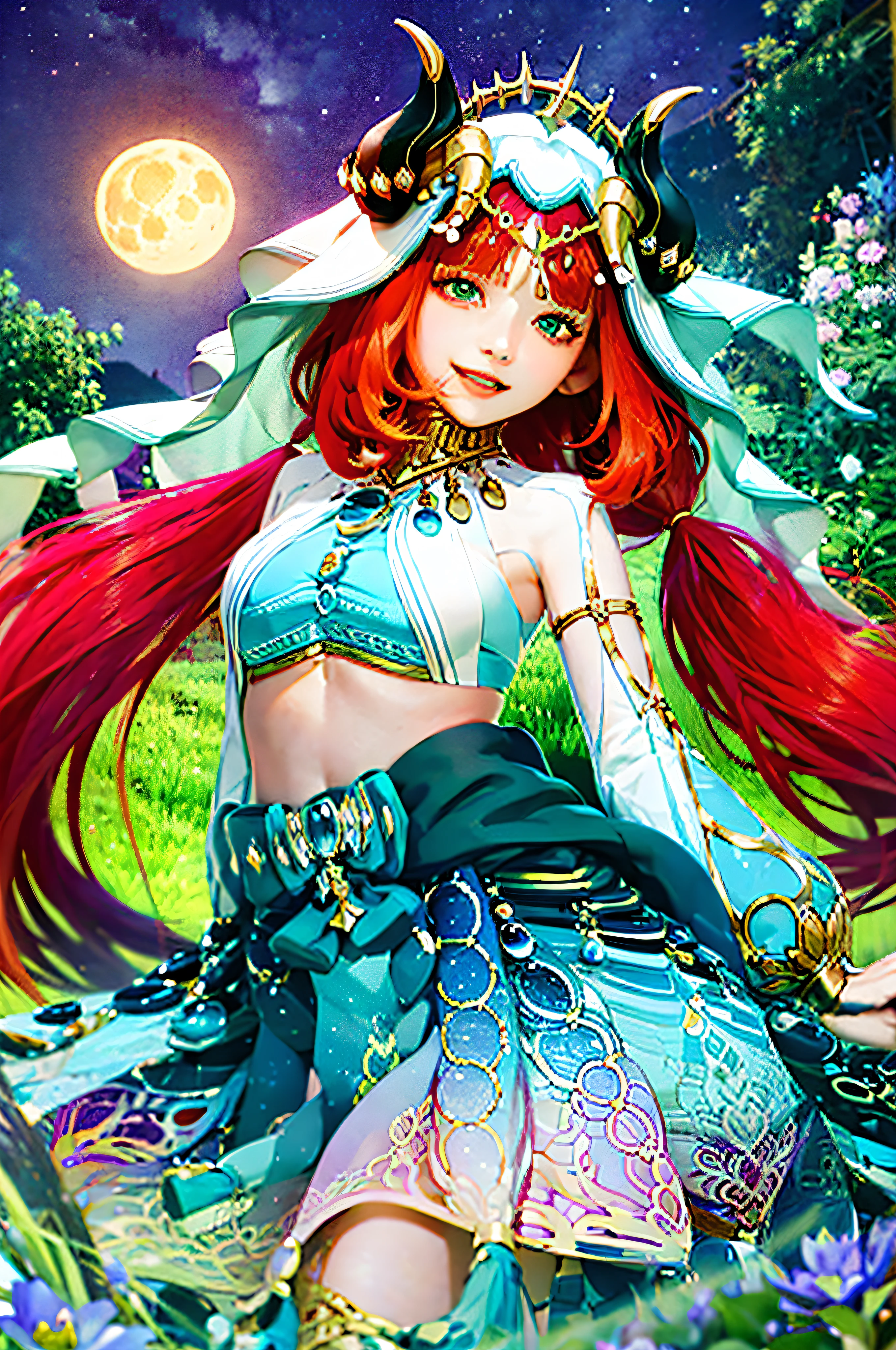 (Realistic painting style:1.1), masterpiece, best quality, absurdres, nilou (neither flower nor mist) (genshin impact), aqua eyes, nilou (genshin impact), fake horns, 1girl, solo, red hair, veil, smile, moon, long hair, crop top, jewelry, horns, night, bracer, brooch, long sleeves, puffy long sleeves, looking at viewer, skirt, bangs, twintails, water, puffy sleeves, sky, neck ring, open mouth, :d, full moon, night sky, flower, harem outfit, gold trim, parted bangs, arm up, breasts, circlet, outdoors, blue skirt, hair ornament, detached sleeves, low twintails, floating hair, gem, hair flower, blue gemstone, hand up, dancer, white headwear, small breasts, stomach, midriff, cowboy shot, blue bow, very long hair