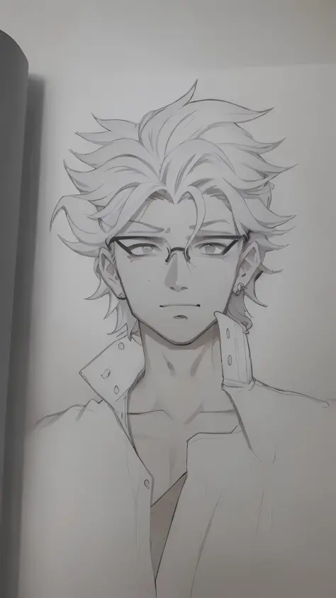 Drawing of a guy with glasses and tie in a book, Gatilho Estilo de Arte de Anime, um desenho de anime, Anime estilo Jojo, sombre...