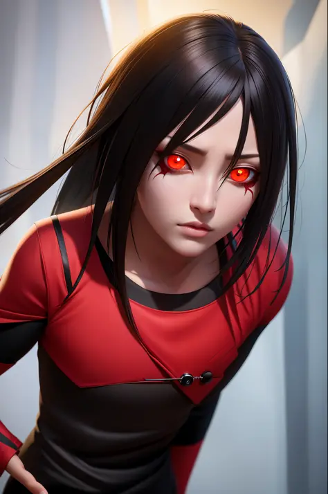 ''Sasuke with Sharingan eyes, (black sclera:1.3), character with black hair and red eyes, full manga outfit, anime face, manga a...