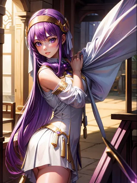 masterpiece, best quality, highres, 1girl, solo, purple hair, long hair, make her athena
