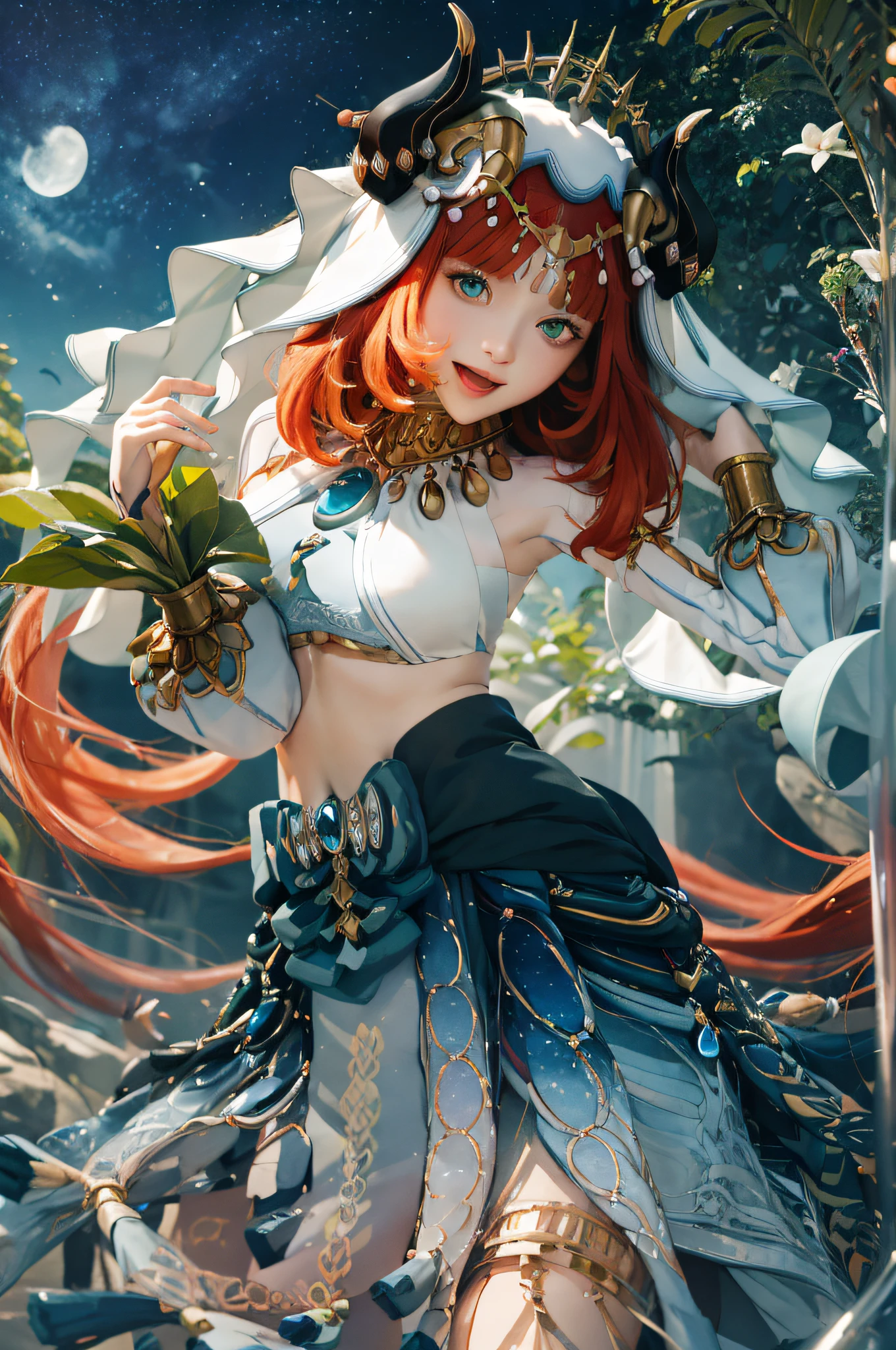 (Realistic painting style:1.1), masterpiece, best quality, absurdres, nilou (neither flower nor mist) (genshin impact), aqua eyes, nilou (genshin impact), fake horns, 1girl, solo, red hair, veil, smile, moon, long hair, crop top, jewelry, horns, night, bracer, brooch, long sleeves, puffy long sleeves, looking at viewer, skirt, bangs, twintails, water, puffy sleeves, sky, neck ring, open mouth, :d, full moon, night sky, flower, harem outfit, gold trim, parted bangs, arm up, breasts, circlet, outdoors, blue skirt, hair ornament, detached sleeves, low twintails, floating hair, gem, hair flower, blue gemstone, hand up, dancer, white headwear, small breasts, stomach, midriff, cowboy shot, blue bow, very long hair