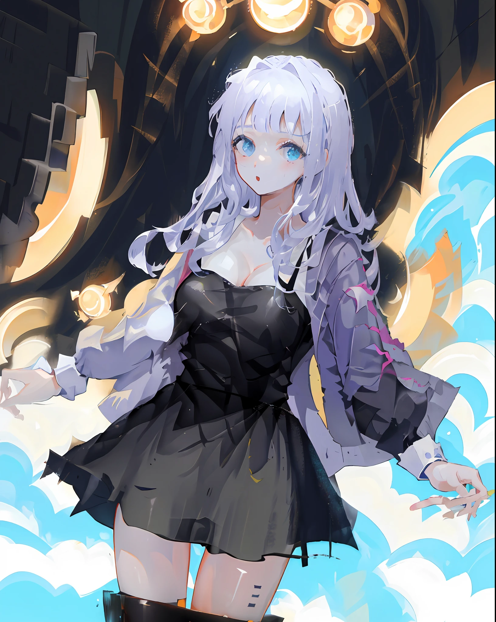 Anime Babe With Milky Tits - Anime girl in black dress with long white hair and boots - SeaArt AI
