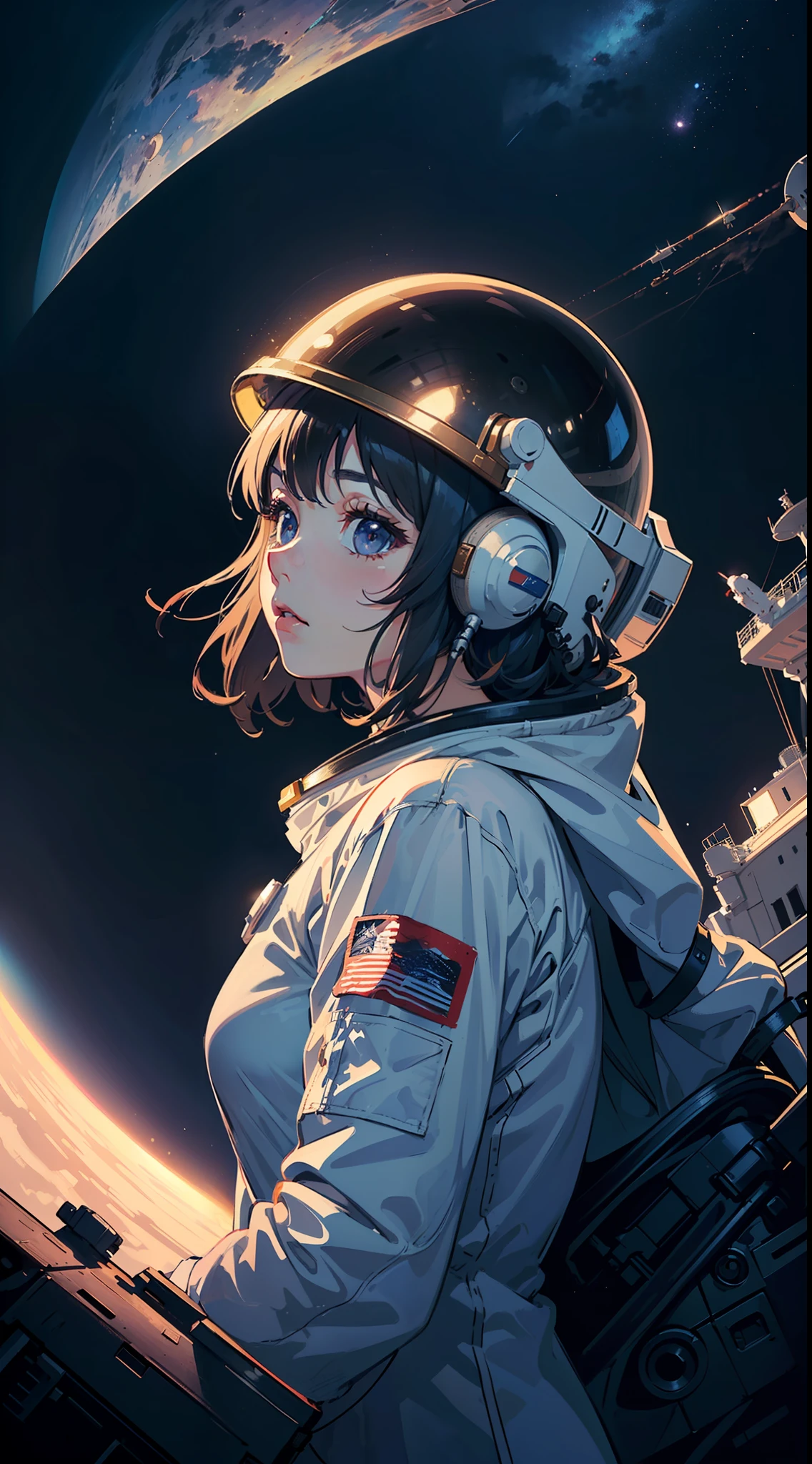 (((masterpiece,best quality,an extremely delicate and beautiful,illustration))),
(from side,medium long shot),
((a cute_detailed_girl in spacesuit,beautiful_detailed_face in aerospace_helmet)),(((upper body))),(disheveled hair:0.3),
(((clouds:0.3),multiple_luna,(floating_fortress technology machinery),night sky background)),
(cyberpunk_aerospace_helmet),