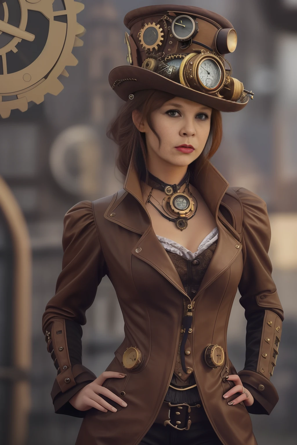 photo de femme, (devant la caméra), visage européen détaillé, (expression faciale en herbe), (((Style steampunk cerca))), ((ville steampunk en arrière-plan)), BRUT, Style, photographie ultra détaillée, éclairage de cinéma, Station artistique, 4k, netteté, haute résolution, peau détaillée, yeux détaillés,