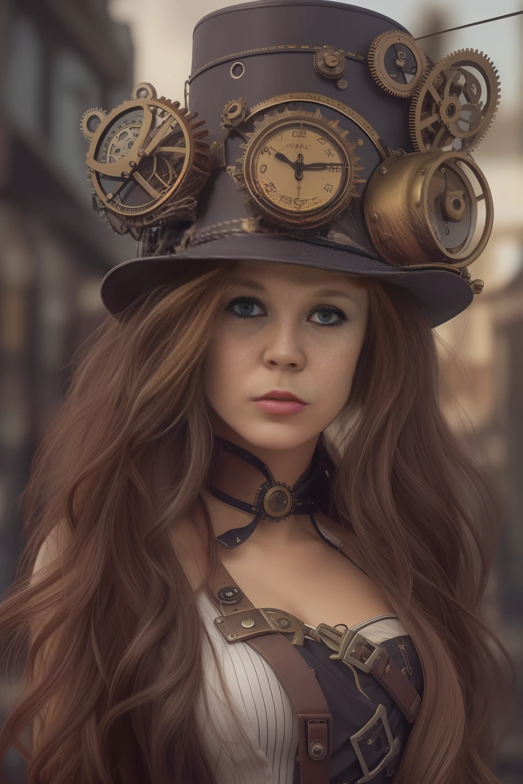 photo de femme, (devant la caméra), visage européen détaillé, (expression faciale en herbe), (((Style steampunk cerca))), ((ville steampunk en arrière-plan)), BRUT, Style, photographie ultra détaillée, éclairage de cinéma, Station artistique, 4k, netteté, haute résolution, peau détaillée, yeux détaillés,