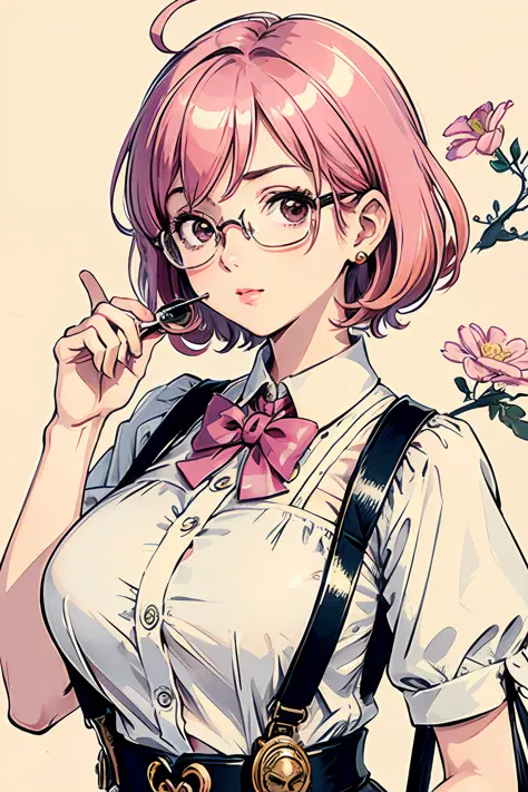 (masterpiece:1.2, best quality), (dinamic lighting) 1lady, solo, short hair, big breasts,  (shiny skin:1.2), upper body, monocle, glasses, modern, wavy pink hair,Suspenders, flower on ear, harajuku style, hair pin, loli ,ahoge