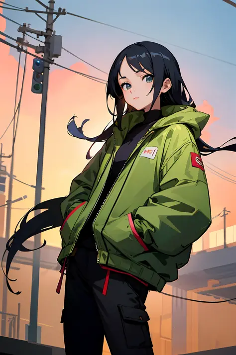 Anime - Stylistic image of a woman in a green jacket and black pants, black haired girl wearing hoodie, anime moe art style, style of anime4 K, Artgerm and Atey Ghailan, cyberpunk anime girl in hoodie, High Quality Anime Art Style, Guviz-style artwork, ani...