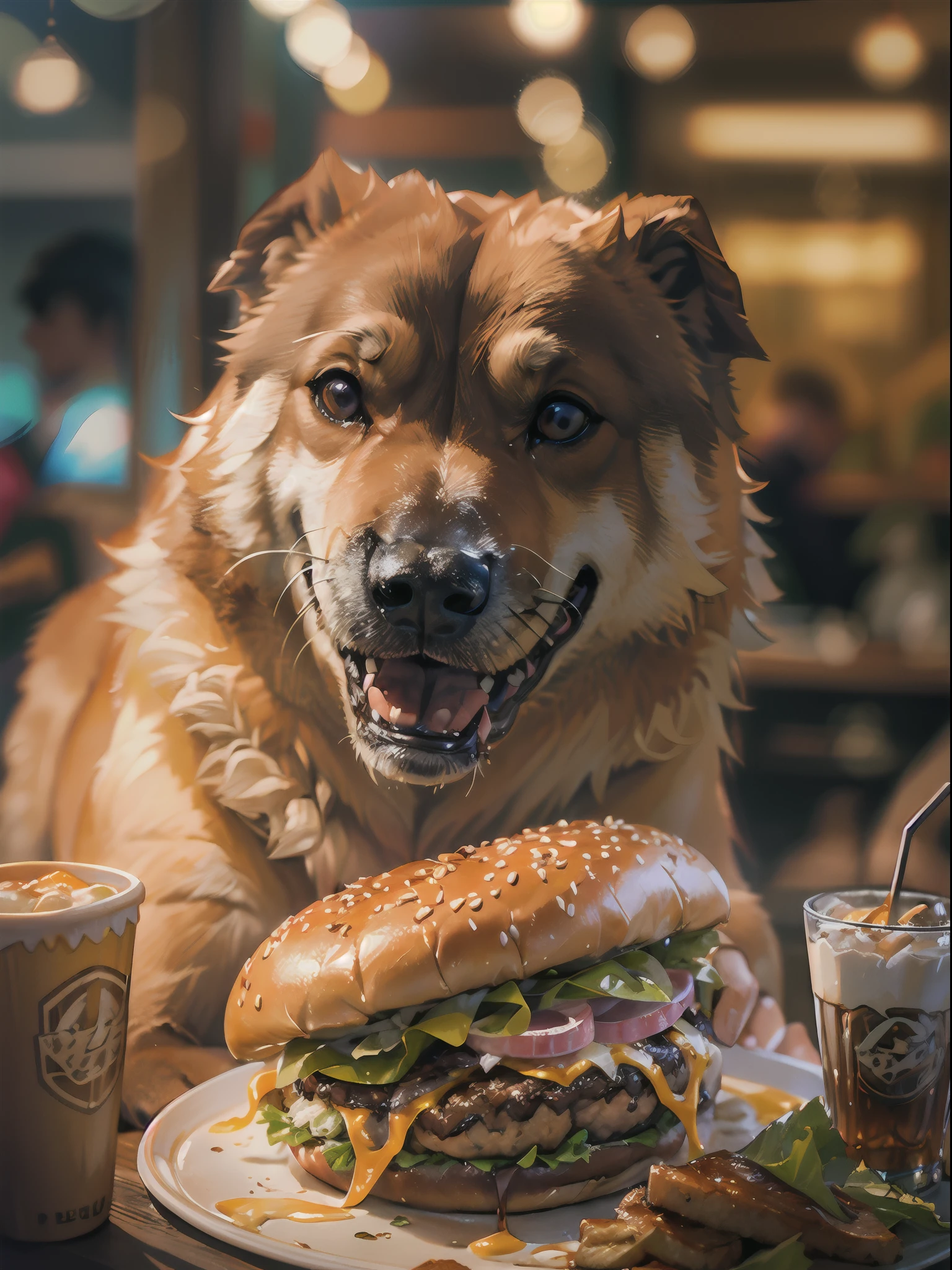 a professional photo of [(((buff Swoledoge))):buff Swoledoge:8], grinning, dog body, eating a large burger in a restaurant, cinematic dramatic light, smooth transition, bokeh