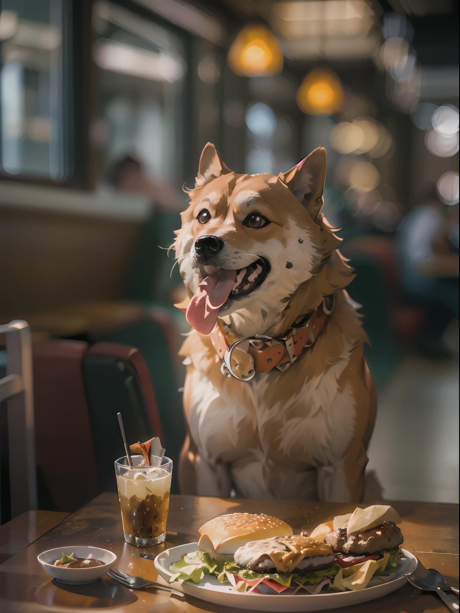 a professional photo of [(((buff Swoledoge))):buff Swoledoge:8], grinning, dog body, eating a large burger in a restaurant, cinematic dramatic light, smooth transition, bokeh