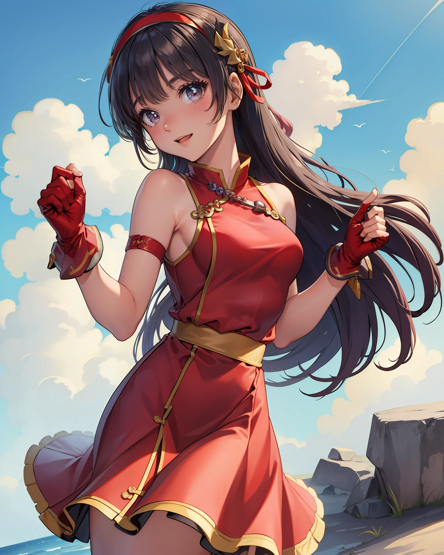 (masterpiece, best quality, high resolution),cowboy shot, 1girl, solo, athenams, hairband, chinese clothes, red dress, gloves, hair ornament ,bare shoulders