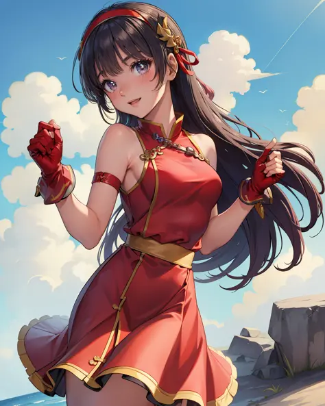 (masterpiece, best quality, high resolution),cowboy shot, 1girl, solo, athenams, hairband, chinese clothes, red dress, gloves, h...