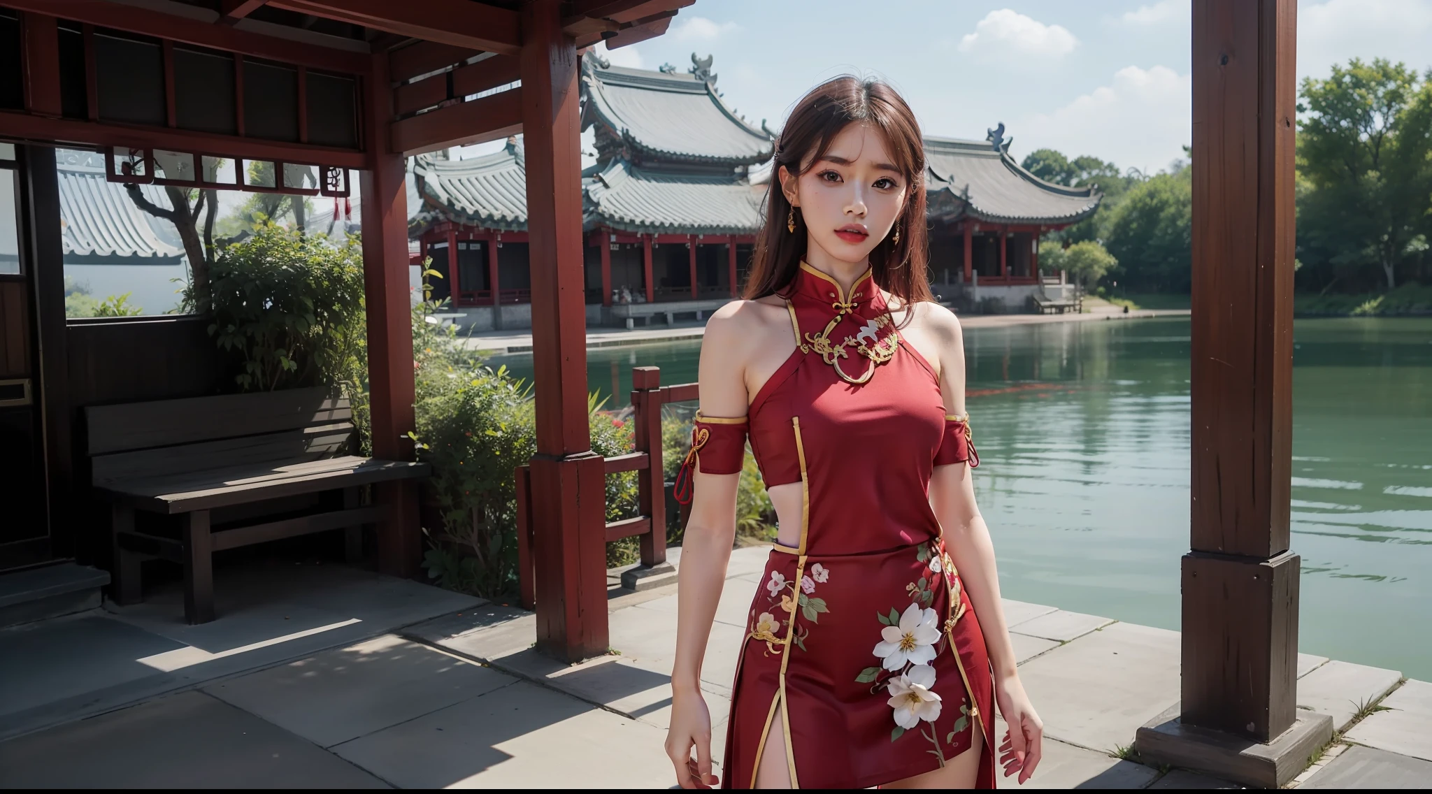 1womanl，cropped shoulders，White sleeves，full bodyesbian，The background is East Asian architecture，Chinese knot，red colour，Pale curly hair，Pose for the camera，Short cheongsam，Skirt that wraps hips