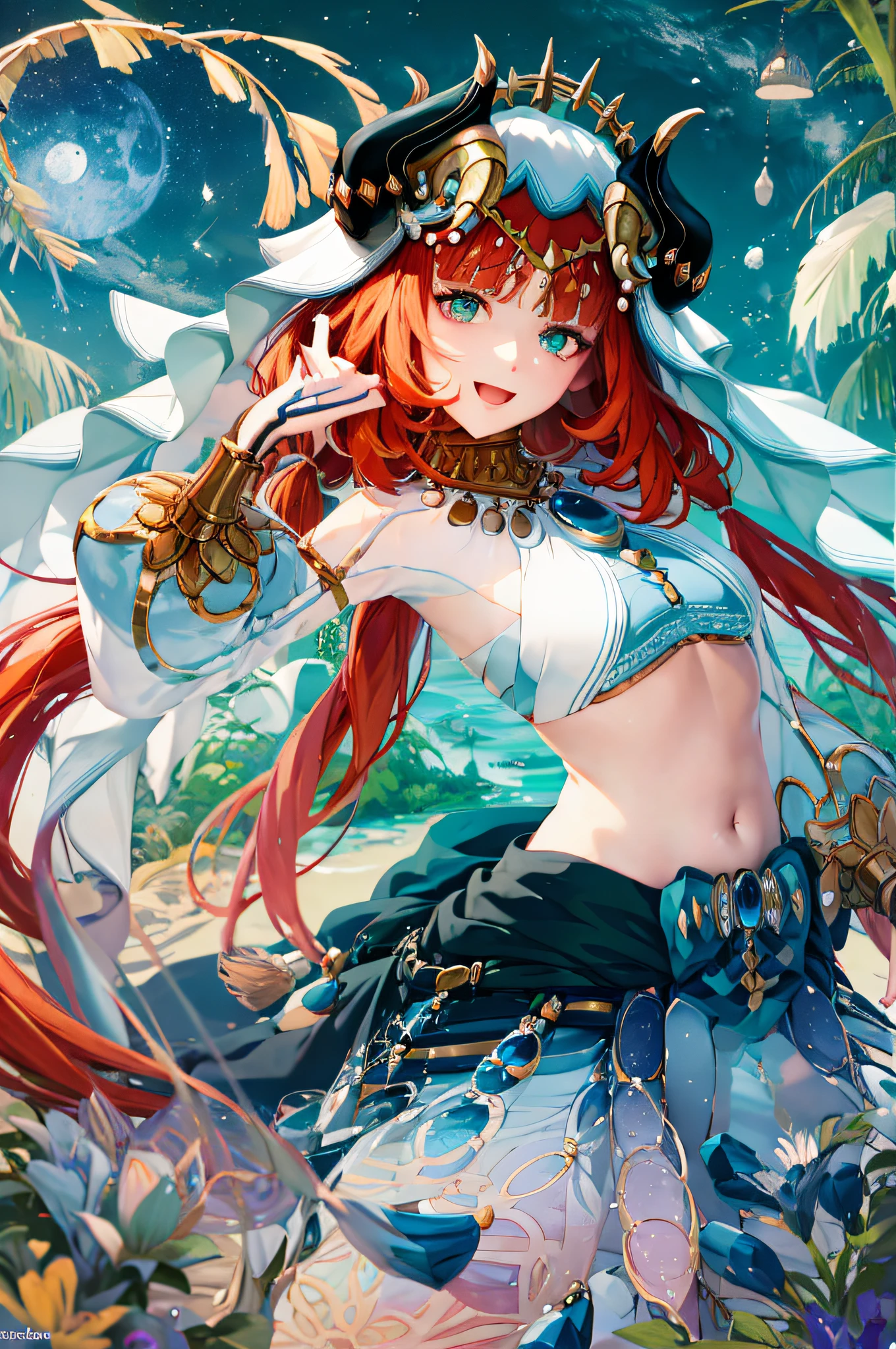 (Realistic painting style:1.1), masterpiece, best quality, absurdres, nilou (neither flower nor mist) (genshin impact), aqua eyes, nilou (genshin impact), fake horns, 1girl, solo, red hair, veil, smile, moon, long hair, crop top, jewelry, horns, night, bracer, brooch, long sleeves, puffy long sleeves, looking at viewer, skirt, bangs, twintails, water, puffy sleeves, sky, neck ring, open mouth, :d, full moon, night sky, flower, harem outfit, gold trim, parted bangs, arm up, breasts, circlet, outdoors, blue skirt, hair ornament, detached sleeves, low twintails, floating hair, gem, hair flower, blue gemstone, hand up, dancer, white headwear, small breasts, stomach, midriff, cowboy shot, blue bow, very long hair