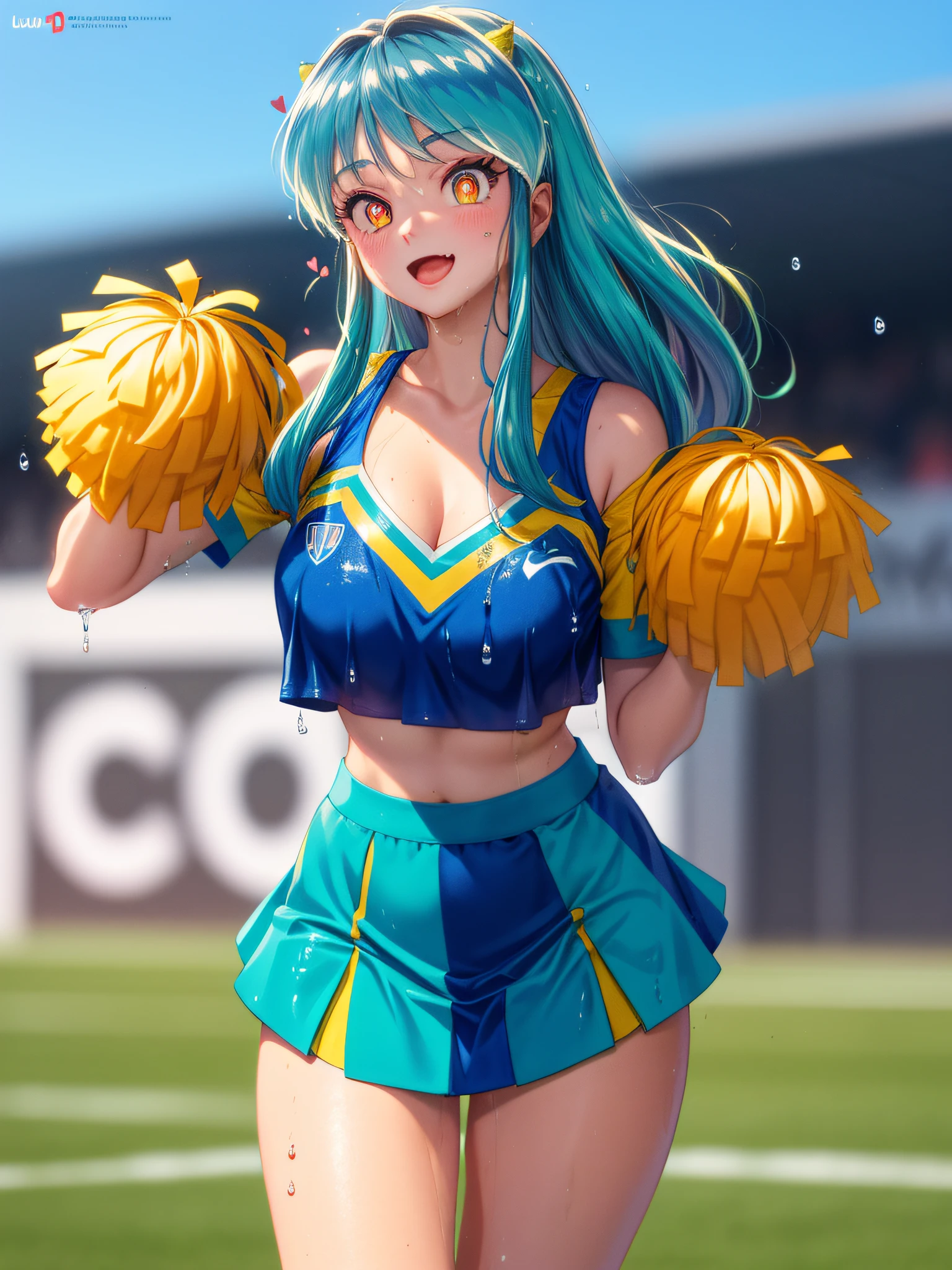 lum invader, detailed, anime, (ripped cheerleader uniform: 1.2), masterpiece, best quality, open mouth, fang, ultra-detailed, yellow eyes, Pretty eyes, Detailed face, Pretty girl, Big chest, Blushing, (Wet: 1.2), breasts, areola slip, (missionary position:1.2), (nipple: 1.2), (on a soccer field full of people: 1.2), (heart shaped pupils: 1.5)