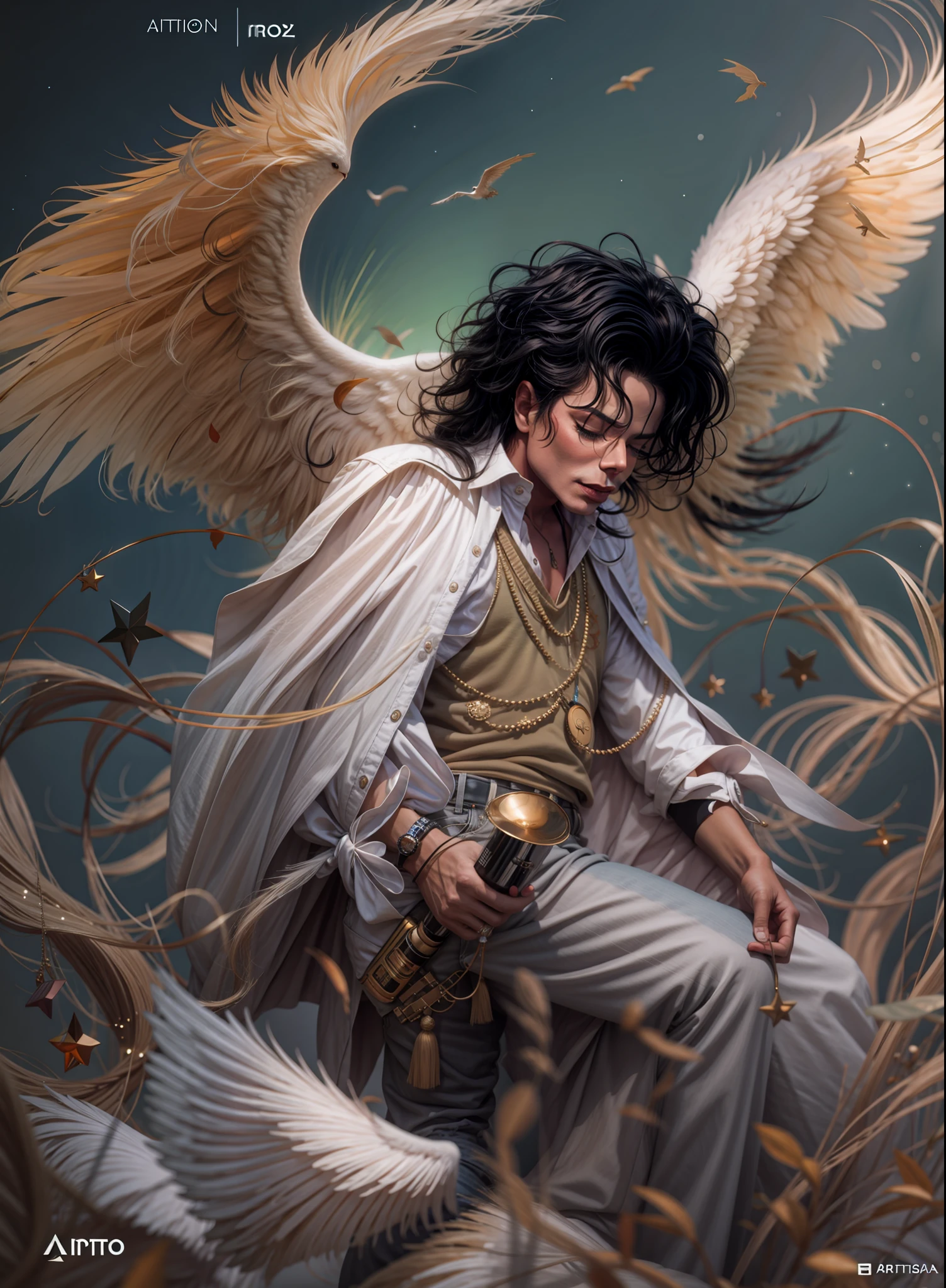 michael jackson,ángel, cbzbb, detallado, Fantasía, Onírico, surrealismo, Muy bonita, tendencia en artstation