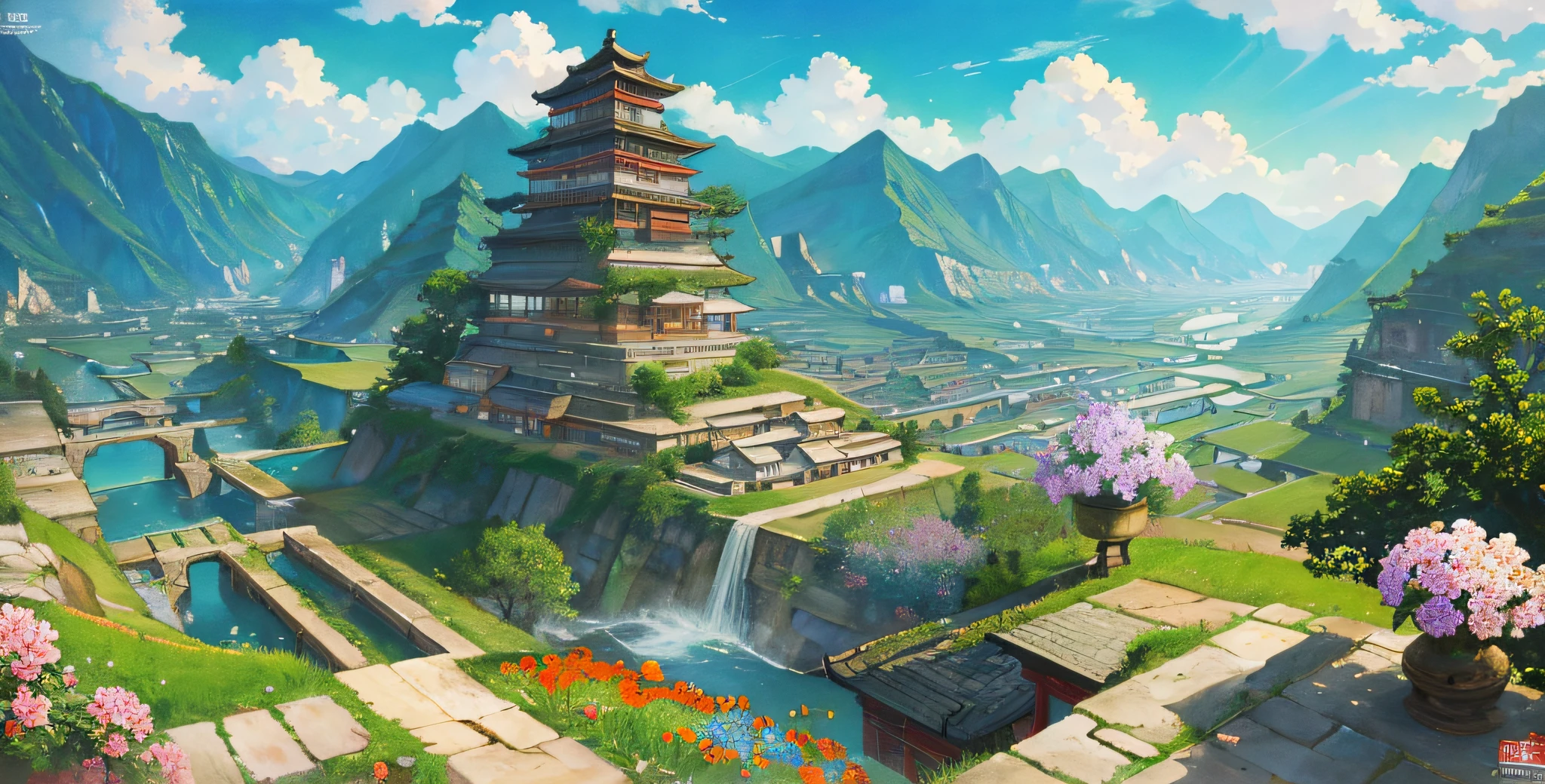 Official art, ancient Chinese landscapes, (streets), (flowers), beautiful landscapes, masterpieces, high quality, exquisite graphics, high detail, epic landscapes, colorful, intricate details, wide angle lenses