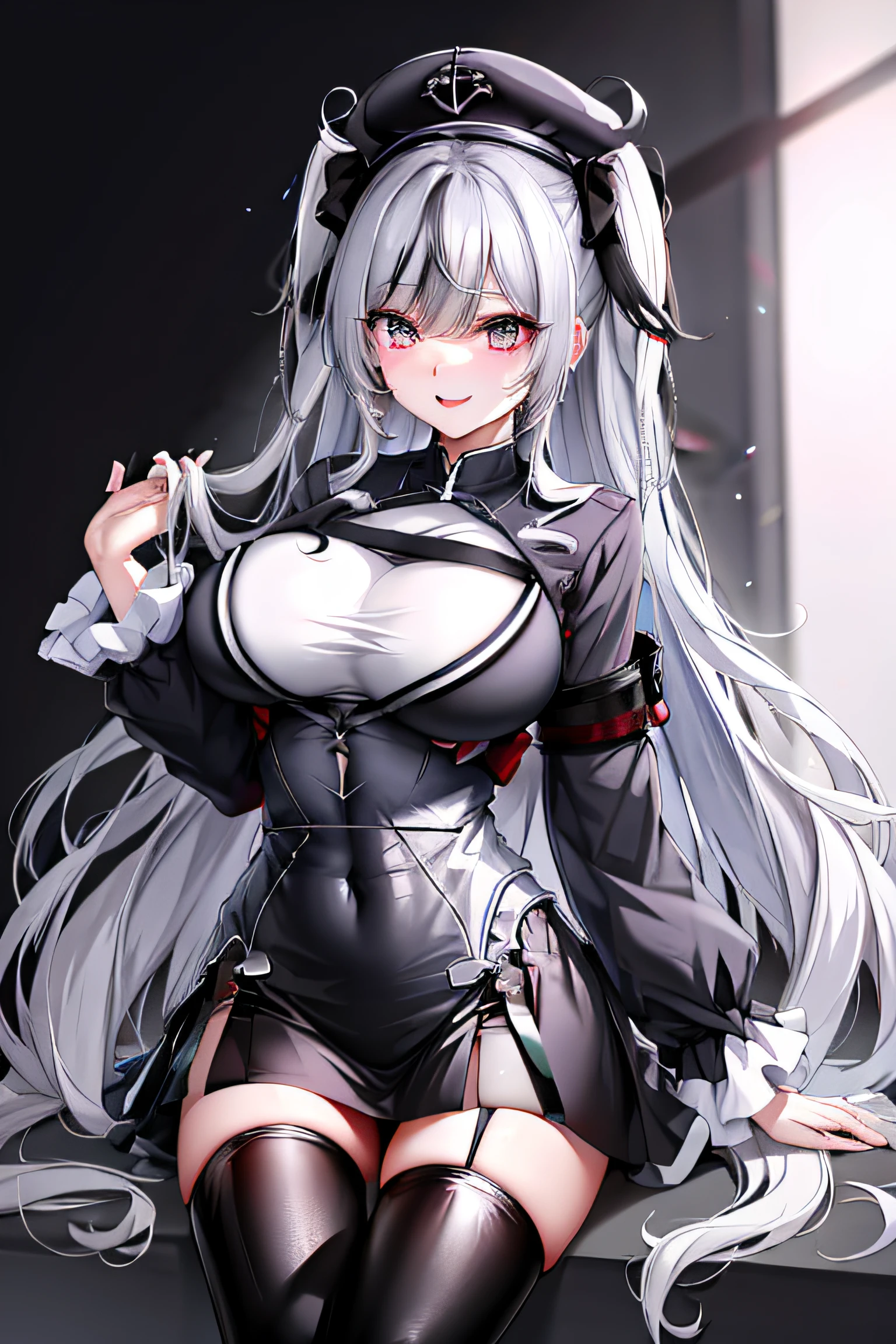 anime big breast，black lence stockings，Feet to the audience，校服，white color hair。