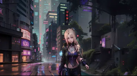 Anime girl with long blonde hair walking on city street, forest city streets behind her, anime style cityscape, Digital cyberpun...