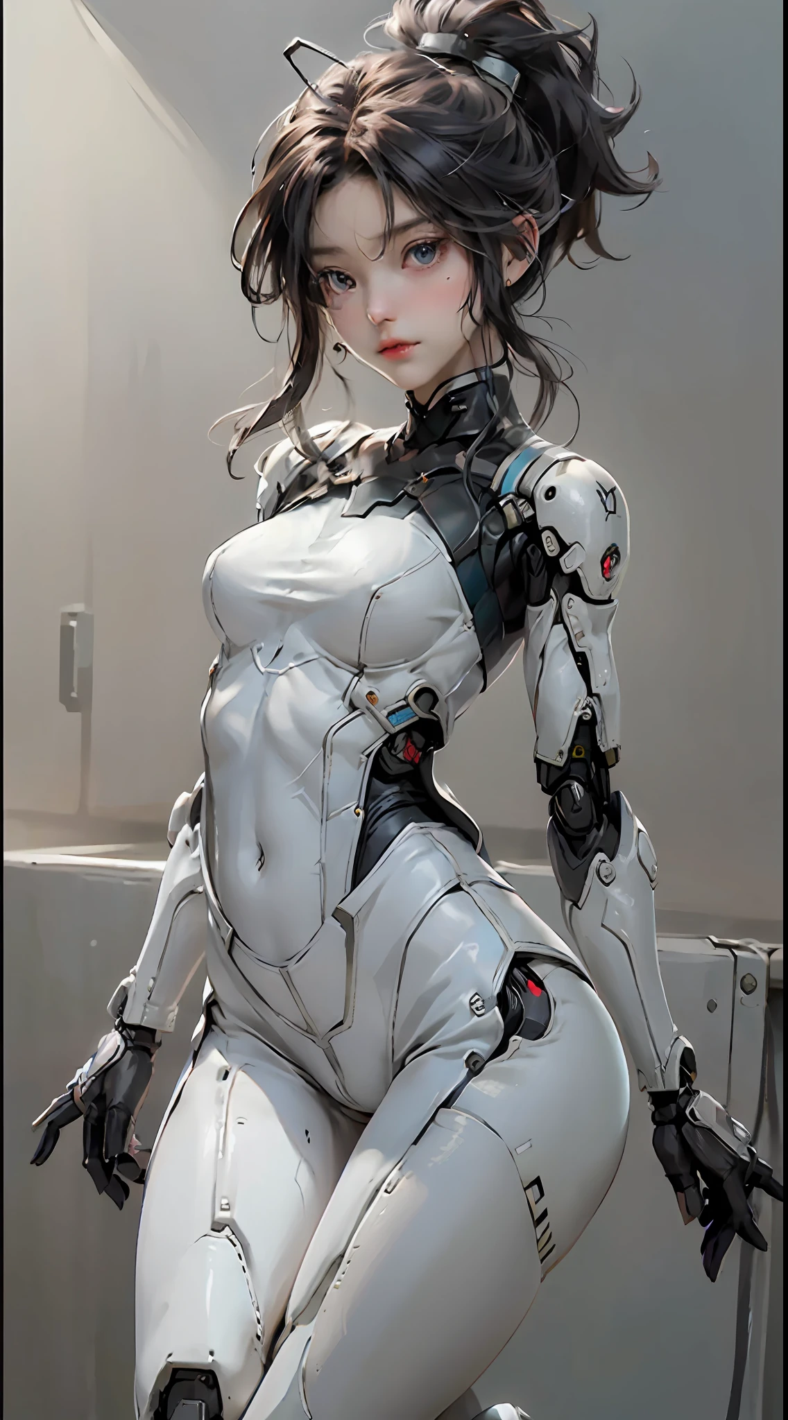 Extremely cute human eighteen year old girl face, human torso, human huge , human abdomen, human hips, robotic arms, mechanical leg, arms and legs with hard white shiny shell and black joints, very beautiful and feminine, Short, , tiny, tiny, busty buttocks, medium bust, cleavage display, flat belly display, partial helmet with antenna on the ear, black robot joints, very stylish, award-winning product design, black rubber tights, The shiny white metal breastplate opens at the cleavage and abdomen, the white metal buttocks are wrinkled, and the armor has stylish, glowing trims