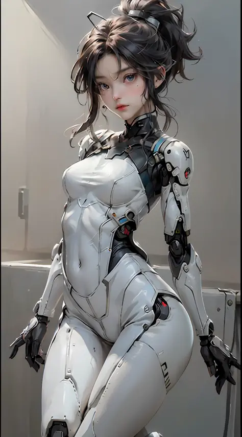 Extremely cute human eighteen year old girl face, human torso, human huge boobs, human abdomen, human hips, robotic arms, mechan...