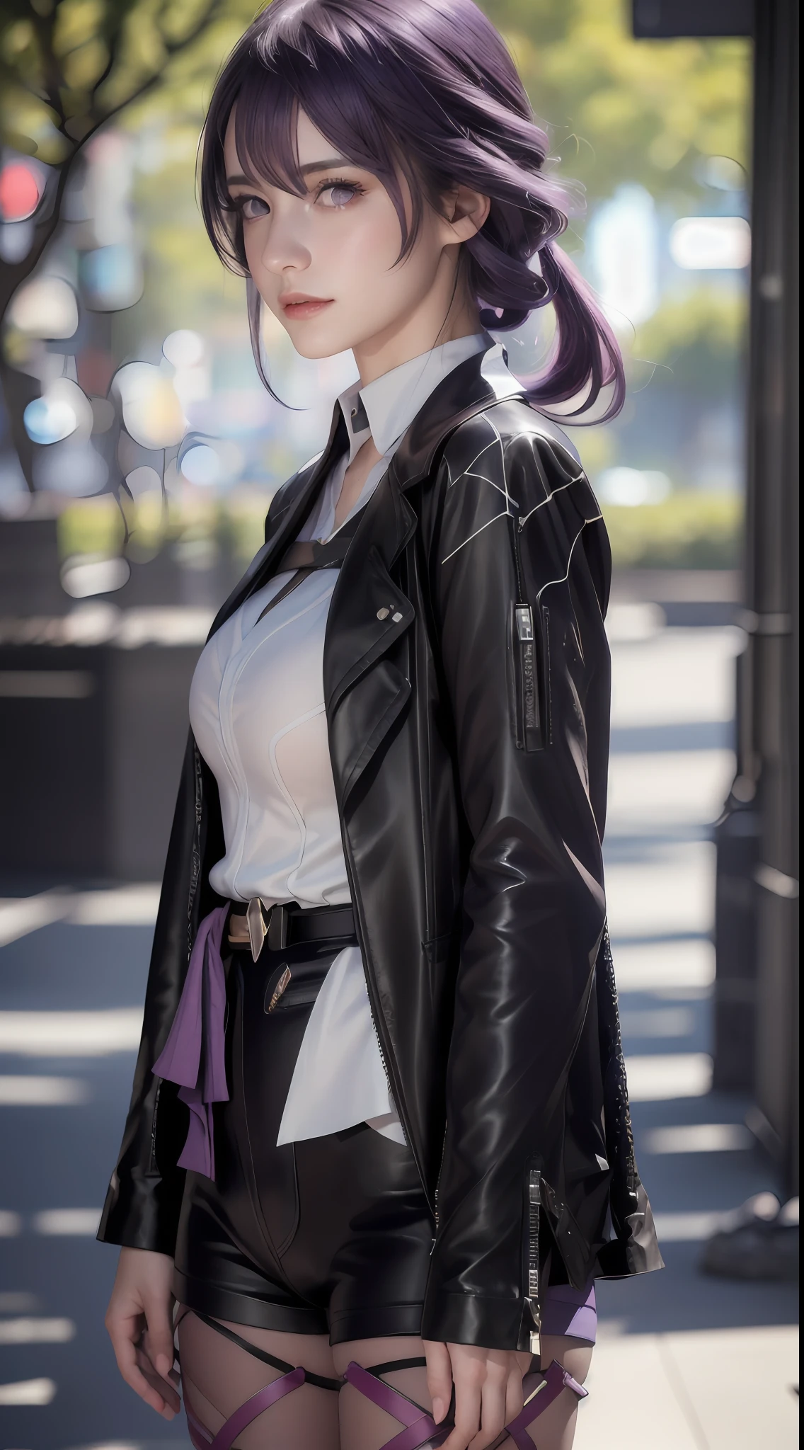 (photorealistic:1.4), raw photo, 1girl, purple eyes, purple hair, (eyewear on head), stellaron hunters outfit,  black jacket, jacket on shoulders, shirt, shorts, pantyhose, boots,deep shadow,  detailed face, detailed eyes, depth of field, bokeh, vibrant details, finely detailed, hyperrealistic, 35mm film, hazy blur,upper body,, masterpiece,ultra realistic,32k,extremely detailed CG unity 8k wallpaper, best quality