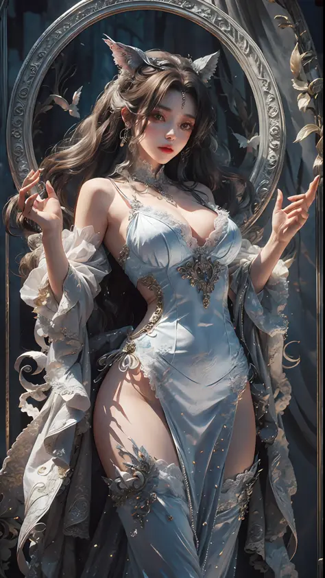 A young female vampire, beautiful, in a silver gown, cerberus in angel outfit, silver, realistic style - Variations (Strong) --auto --s2